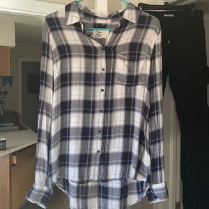 Navy and white plaid button down shirt